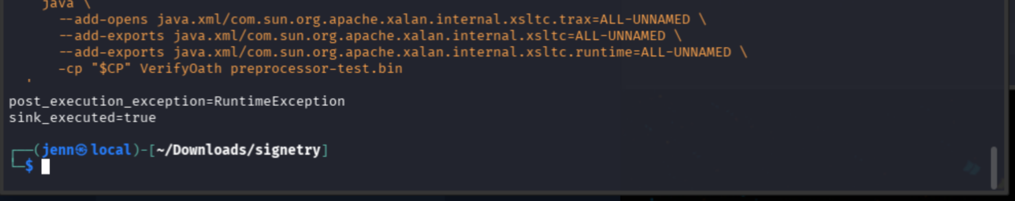 Java 11 verification showing sink_executed=true